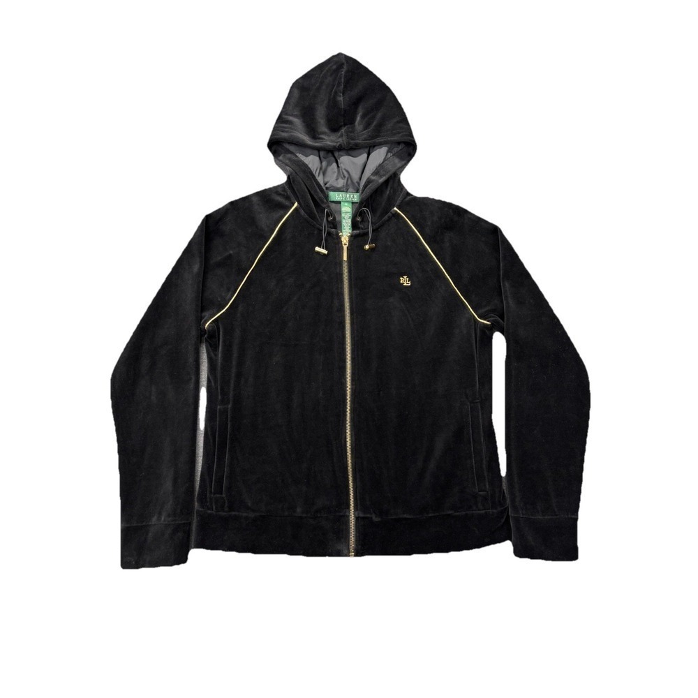 Lauren Ralph Lauren Track Jacket Womens M Black velour Gold trim Hoodie Zip